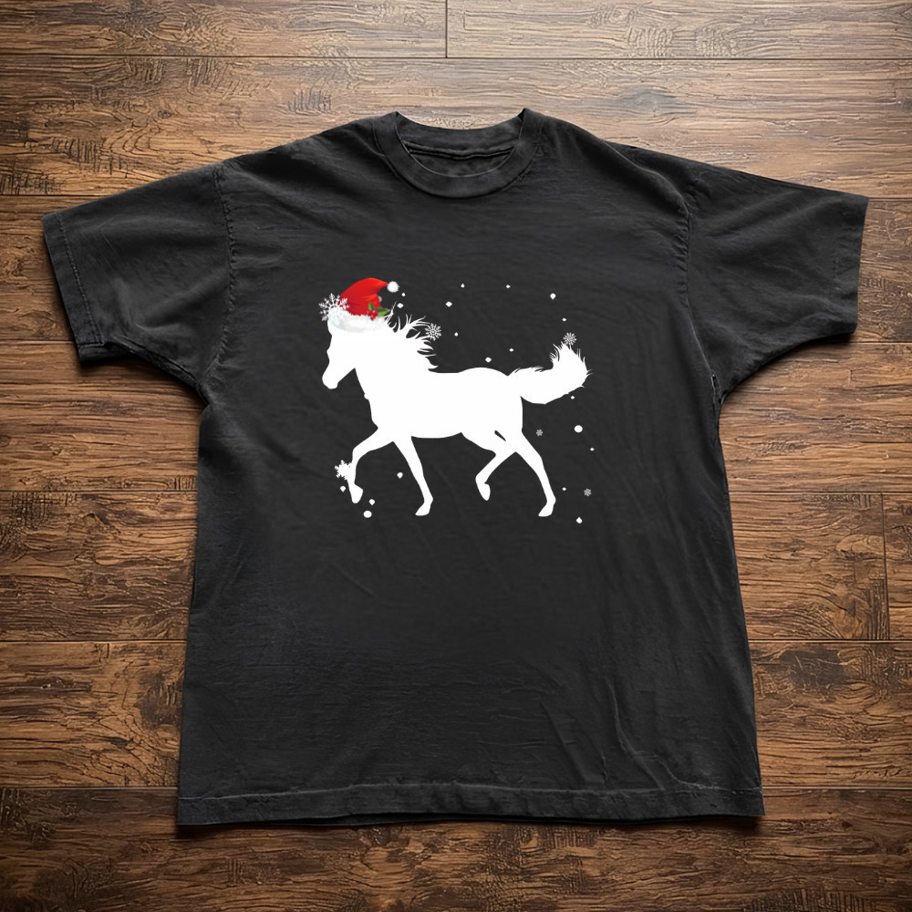 Horse Santa Hat Christmas Snowflakes Winter Holiday T-Shirt